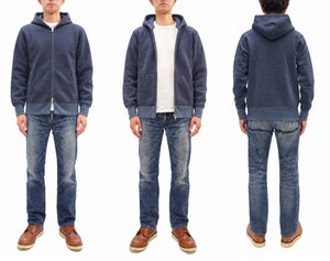 Barns Outfitters Men's COZUN Vintage-Inspired Long-Sleeve Zip-Up Hoodie, Medium-Weight 100% Cotton Brushed Fleece, Hooded Sweatshirt with a Two-Way Zipper, Flatseam Construction, One-Wash, Made in Japan (BR-3010 RD, 29 Faded Navy)