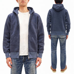 Barns Outfitters Men's COZUN Vintage-Inspired Long-Sleeve Zip-Up Hoodie, Medium-Weight 100% Cotton Brushed Fleece, Hooded Sweatshirt with a Two-Way Zipper, Flatseam Construction, One-Wash, Made in Japan (BR-3010 RD, 29 Faded Navy)