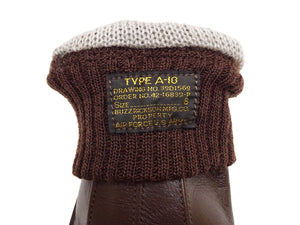 Buzz Rickson Men's Type A-10 Leather Gloves - U.S. Army Air Forces Reproduction - Made in Japan - (BR02835 02 Brown Leather with Brown Ribbed Knit Wrist Cuffs)