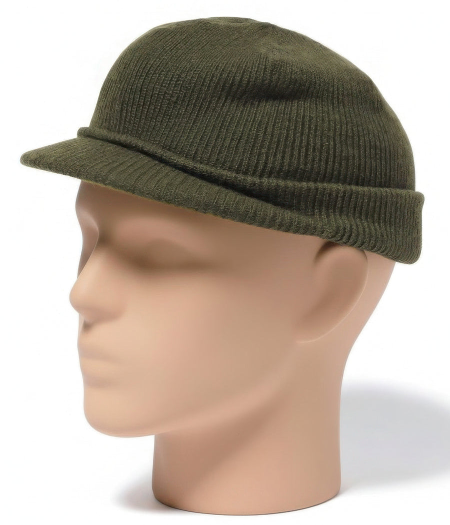 Buzz Rickson Jeep Cap - Men's Wool Knit Cap with Short Brim - Reproduction of U.S. Army M-1941 Radar Cap - Made in Japan (BR02874 Olive)
