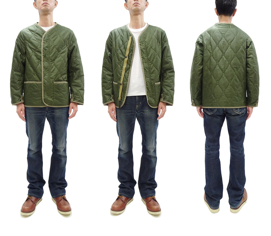 Buzz Rickson Collarless Nylon Quilted Jacket Men's Updated Version Inspired by the Design of the M-65 Field Jacket Liner BR14863 Olive