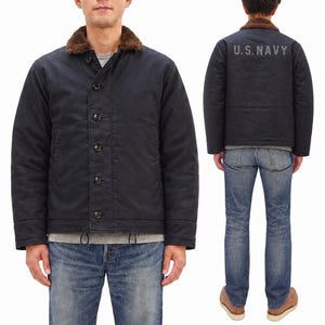 Buzz Rickson's Men's U.S. Navy N-1 Deck Jacket Reproduction, 100% Cotton Jungle Cloth Shell with Alpaca-Wool Pile Lining, Made in Japan (Toyo Enterprises BR15340, 01 Navy, NAVY DEPARTMENT DEMOTEX-ED)