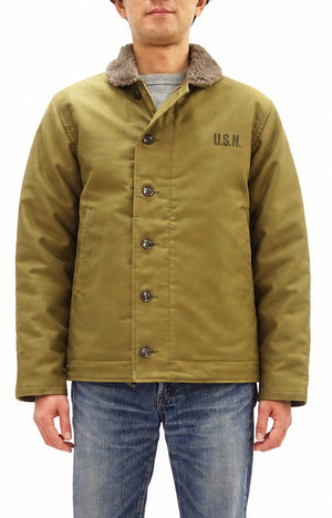 Buzz Rickson's Men's U.S. Navy N-1 Deck Jacket Reproduction, 100% Cotton Jungle Cloth Shell with Alpaca-Wool Pile Lining, Made in Japan (Toyo Enterprises BR15345, 01 Khaki, NAVY DEPARTMENT DEMOTEX-ED)