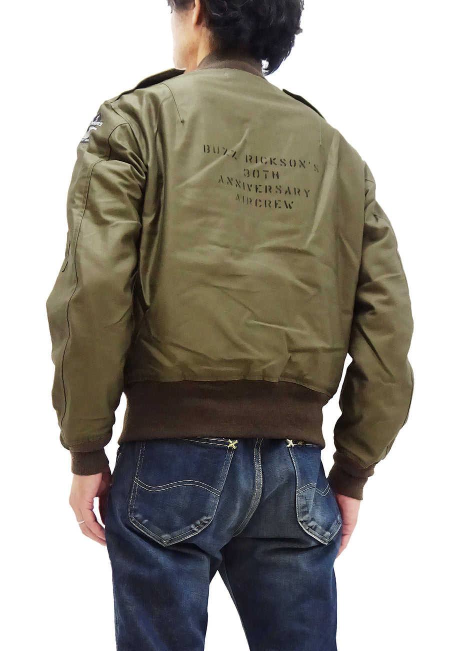 Buzz Rickson Jacket Men's Cotton L-2 Flight Jacket L2 Unfilled Bomber Jacket with Patches and Print BR15411 Olive Drab