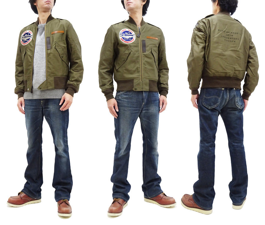 Buzz Rickson Jacket Men's Cotton L-2 Flight Jacket L2 Unfilled Bomber Jacket with Patches and Print BR15411 Olive Drab