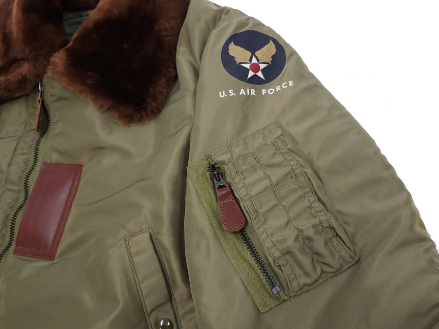 Buzz Rickson Jacket BR15566 Men's USAF B-15B Flight Jacket B15B Bomber Jacket with Mouton Fur Collar Olive