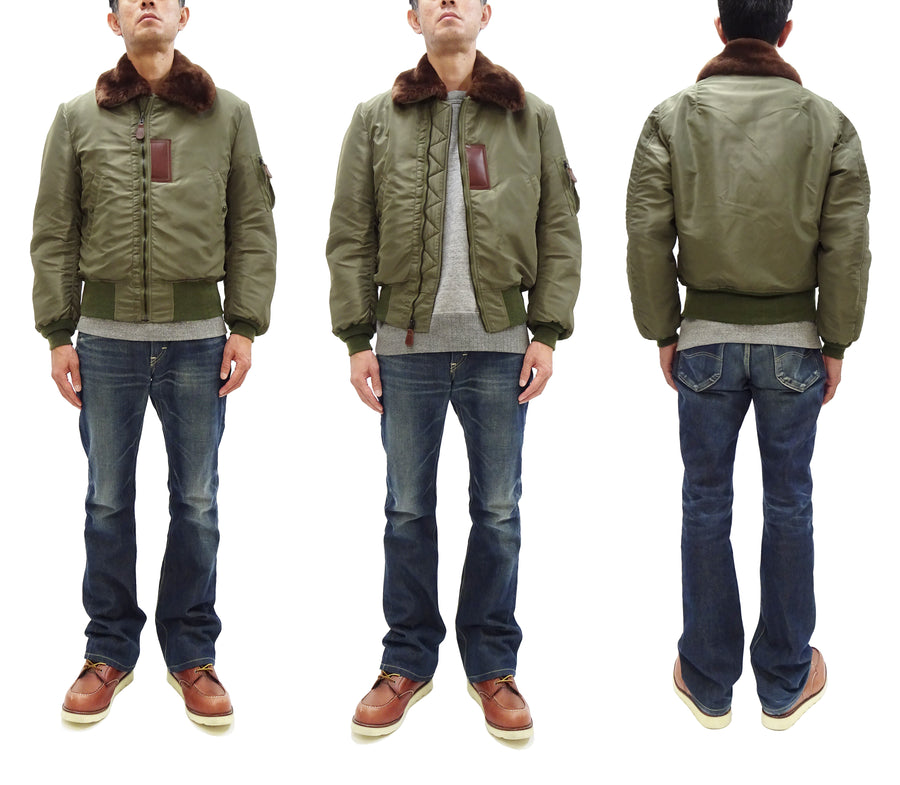 Buzz Rickson Jacket BR15566 Men's USAF B-15B Flight Jacket B15B Bomber Jacket with Mouton Fur Collar Olive