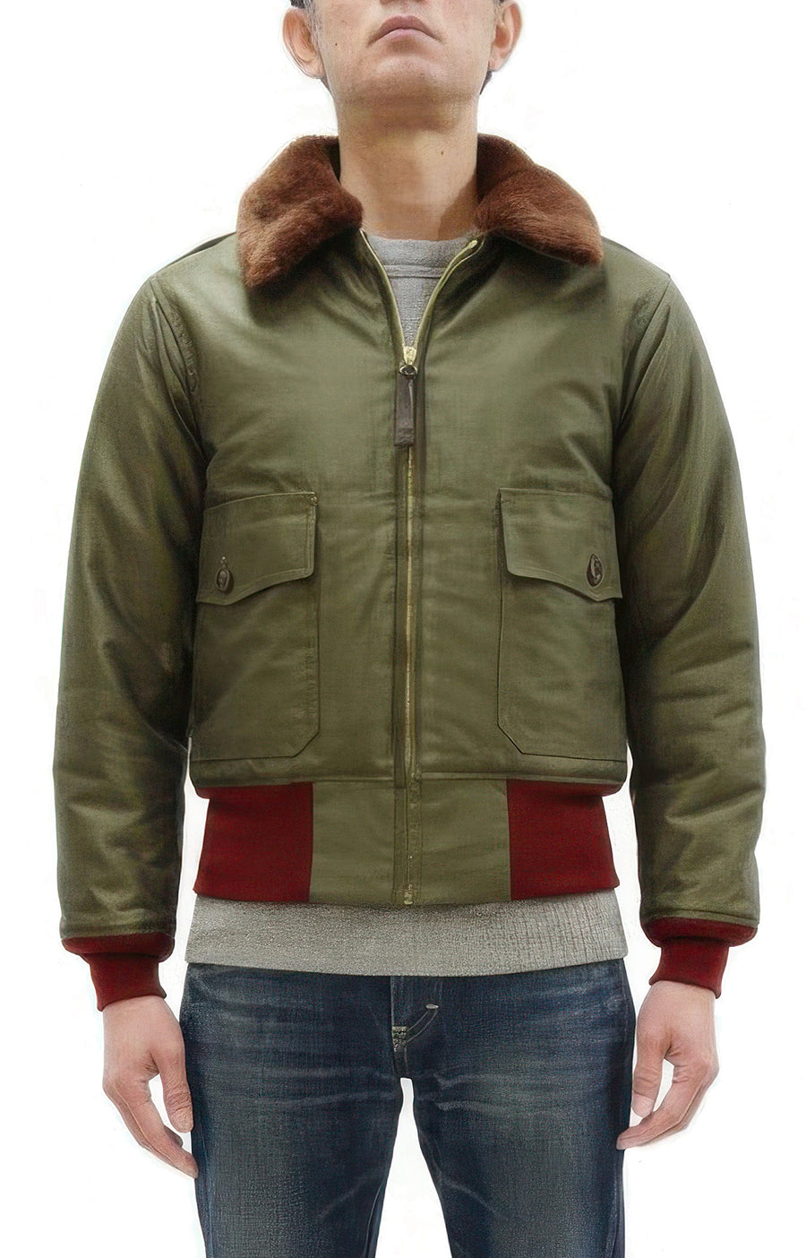 Buzz Rickson Men's B-10 Flight Jacket with Red Ribbed Trim - Superior Togs Co. Model - U.S. Army Air Forces WWII Cotton Bomber Jacket Reproduction - Made in Japan (BR15745 Olive Drab)