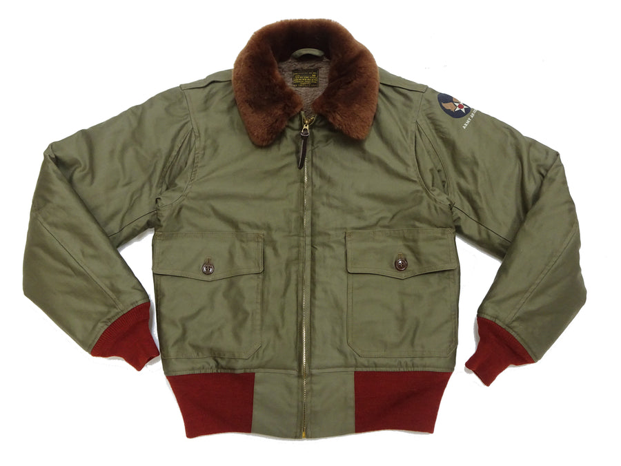 Buzz Rickson Men's B-10 Flight Jacket with Red Ribbed Trim - Superior Togs Co. Model - U.S. Army Air Forces WWII Cotton Bomber Jacket Reproduction - Made in Japan (BR15745 Olive Drab)