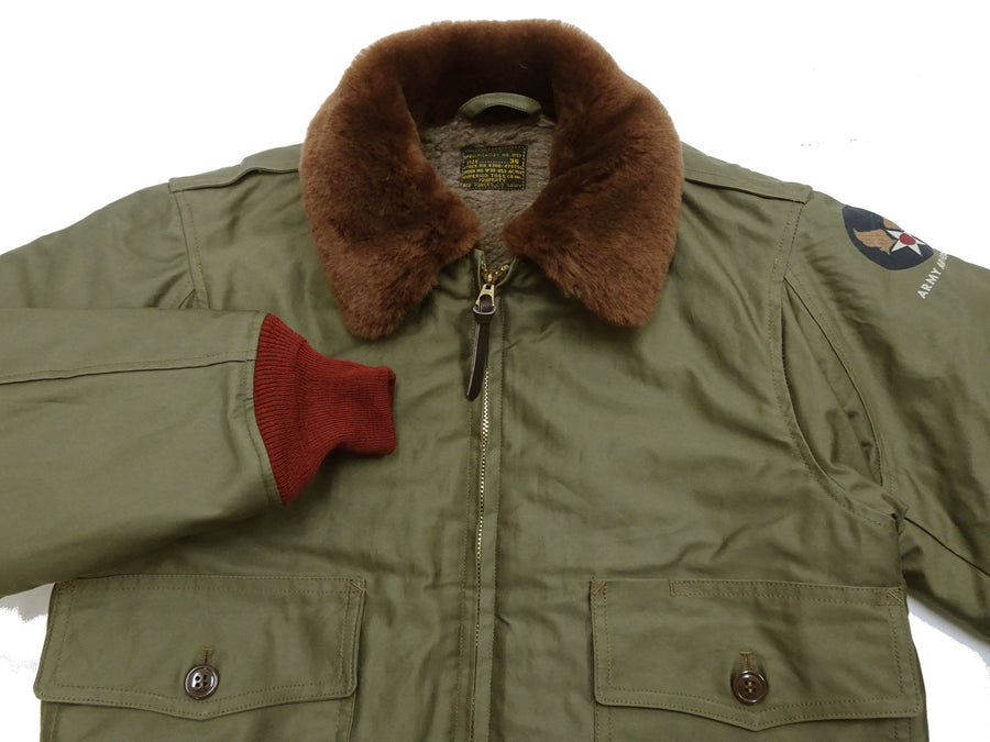 Buzz Rickson Men's B-10 Flight Jacket with Red Ribbed Trim - Superior Togs Co. Model - U.S. Army Air Forces WWII Cotton Bomber Jacket Reproduction - Made in Japan (BR15745 Olive Drab)