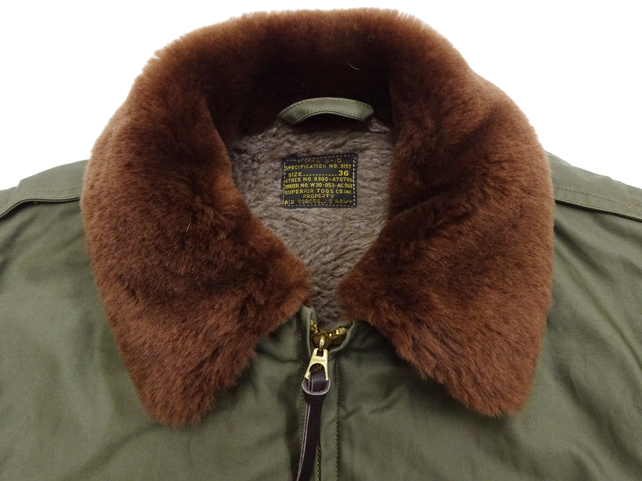 Buzz Rickson Men's B-10 Flight Jacket with Red Ribbed Trim - Superior Togs Co. Model - U.S. Army Air Forces WWII Cotton Bomber Jacket Reproduction - Made in Japan (BR15745 Olive Drab)