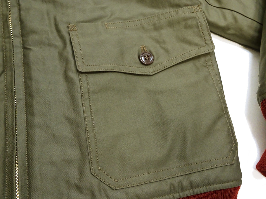 Buzz Rickson Men's B-10 Flight Jacket with Red Ribbed Trim - Superior Togs Co. Model - U.S. Army Air Forces WWII Cotton Bomber Jacket Reproduction - Made in Japan (BR15745 Olive Drab)