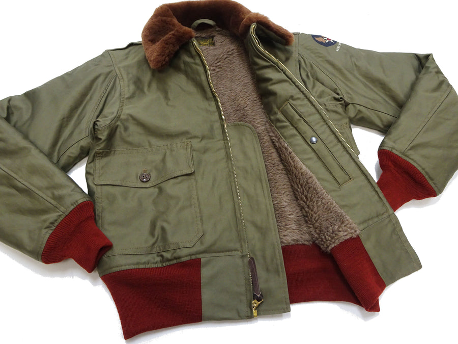 Buzz Rickson Men's B-10 Flight Jacket with Red Ribbed Trim - Superior Togs Co. Model - U.S. Army Air Forces WWII Cotton Bomber Jacket Reproduction - Made in Japan (BR15745 Olive Drab)
