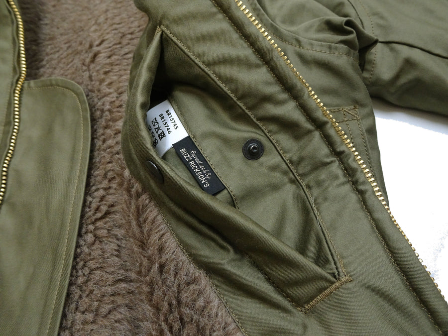 Buzz Rickson Men's B-10 Flight Jacket with Red Ribbed Trim - Superior Togs Co. Model - U.S. Army Air Forces WWII Cotton Bomber Jacket Reproduction - Made in Japan (BR15745 Olive Drab)