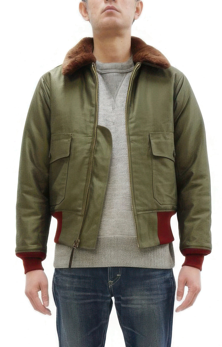 Buzz Rickson Men's B-10 Flight Jacket with Red Ribbed Trim - Superior Togs Co. Model - U.S. Army Air Forces WWII Cotton Bomber Jacket Reproduction - Made in Japan (BR15745 Olive Drab)