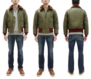 Buzz Rickson Men's B-10 Flight Jacket with Red Ribbed Trim - Superior Togs Co. Model - U.S. Army Air Forces WWII Cotton Bomber Jacket Reproduction - Made in Japan (BR15745 Olive Drab)