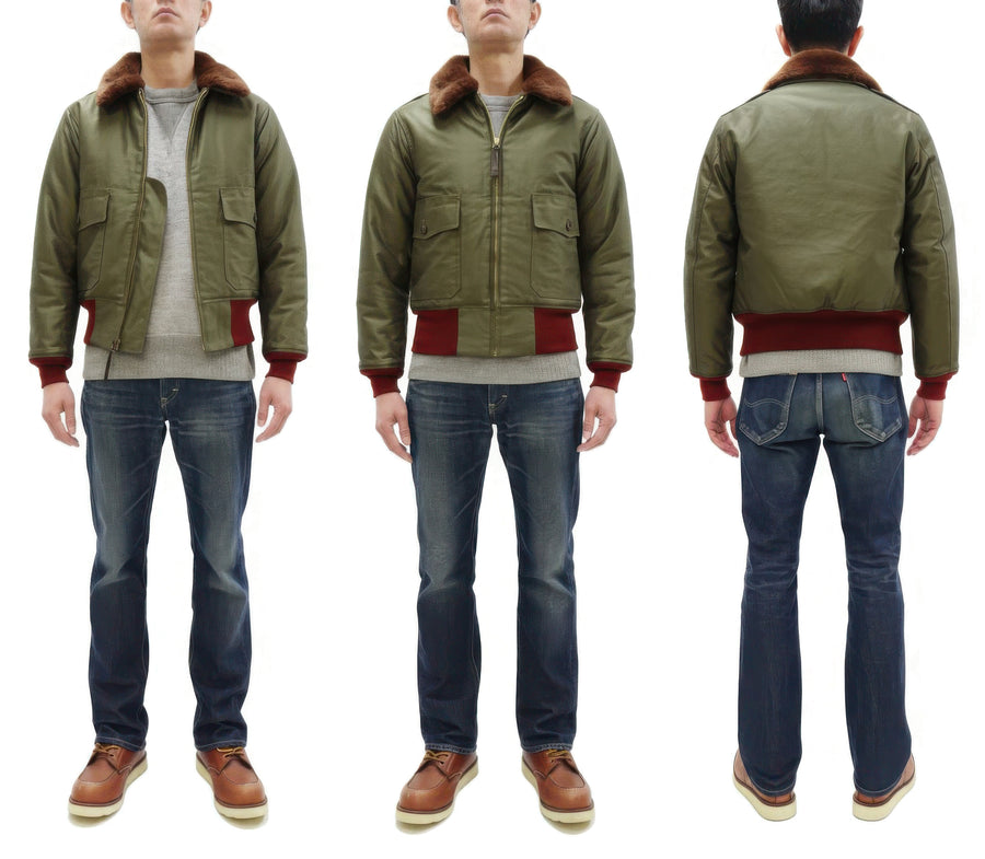 Buzz Rickson Men's B-10 Flight Jacket with Red Ribbed Trim - Superior Togs Co. Model - U.S. Army Air Forces WWII Cotton Bomber Jacket Reproduction - Made in Japan (BR15745 Olive Drab)