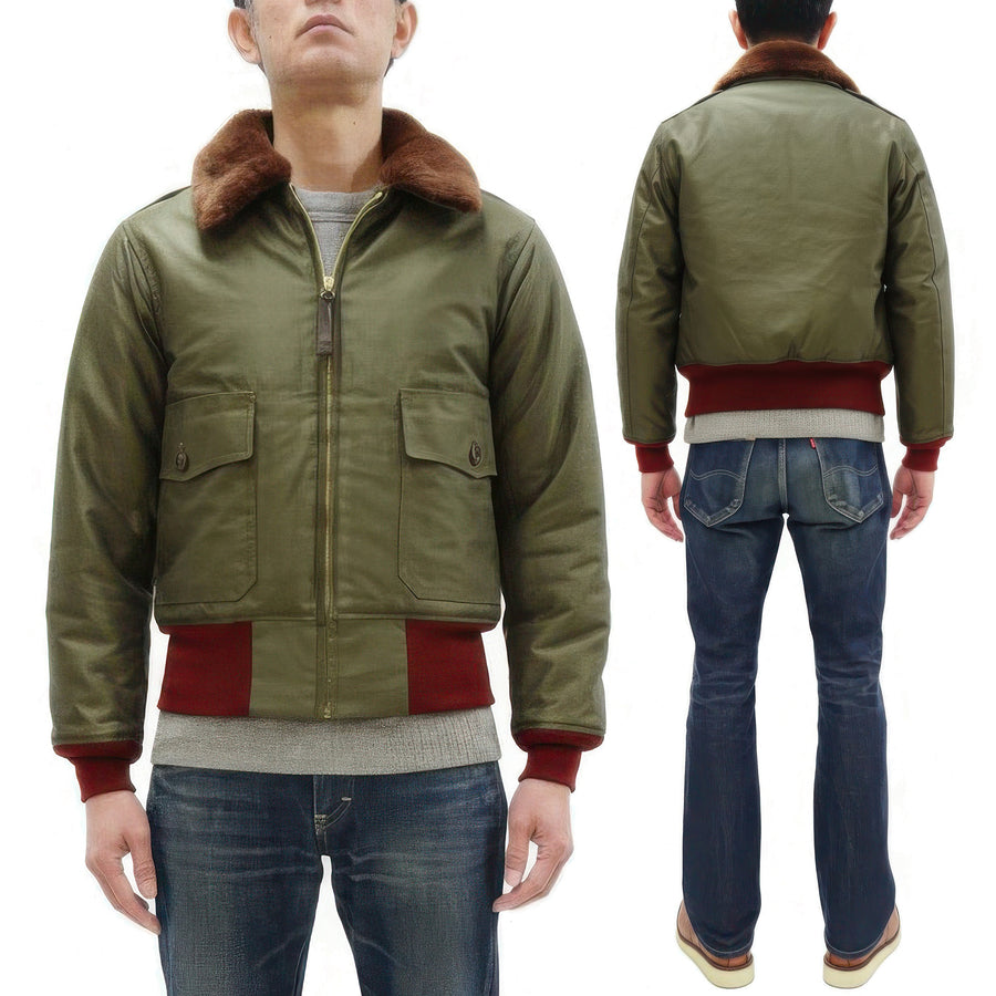 Buzz Rickson Men's B-10 Flight Jacket with Red Ribbed Trim - Superior Togs Co. Model - U.S. Army Air Forces WWII Cotton Bomber Jacket Reproduction - Made in Japan (BR15745 Olive Drab)