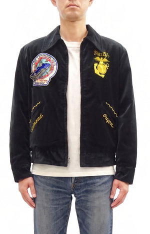 Buzz Rickson x KOSHO & CO. Men's Embroidered Souvenir Jacket (U.S.S. Lexington CVA-16 Sukajan) - Cotton Velveteen, Made in Japan (BR15917 119 Black)