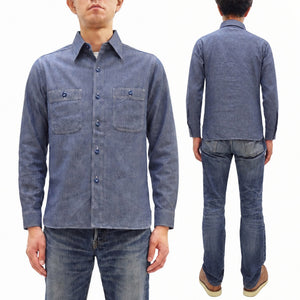 Buzz Rickson's Men's Blue Chambray Long-Sleeve Work Shirt, 100% Cotton, 1950s U.S. Navy Utility Shirt Reproduction, One-Wash, Made in Japan (BR25995)