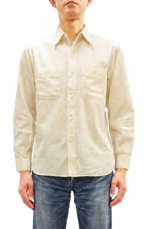 Buzz Rickson's Men's Off-White Chambray Long-Sleeve Work Shirt, Modified 1950s U.S. Navy Utility Shirt Design, Made in Japan (BR25996 105 Ecru-Toned Off-White)