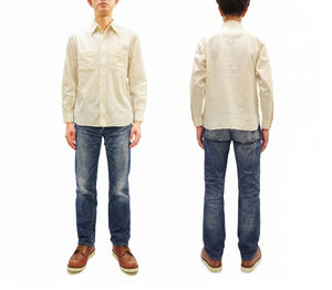 Buzz Rickson's Men's Off-White Chambray Long-Sleeve Work Shirt, Modified 1950s U.S. Navy Utility Shirt Design, Made in Japan (BR25996 105 Ecru-Toned Off-White)