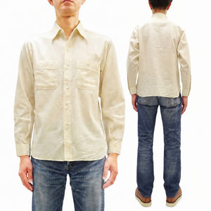 Buzz Rickson's Men's Off-White Chambray Long-Sleeve Work Shirt, Modified 1950s U.S. Navy Utility Shirt Design, Made in Japan (BR25996 105 Ecru-Toned Off-White)