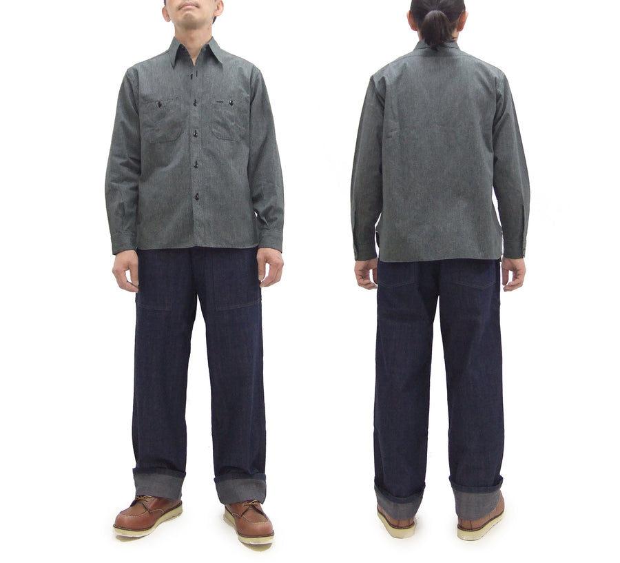 Buzz Rickson Cotton Covert Work Shirt - Men's Casual Vintage-Style Long Sleeve Button Up Shirt BR26082 119 Heathered-Black