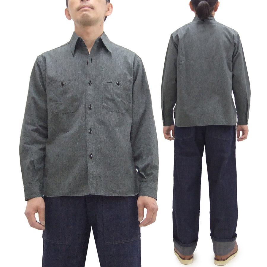 Buzz Rickson Cotton Covert Work Shirt - Men's Casual Vintage-Style Long Sleeve Button Up Shirt BR26082 119 Heathered-Black