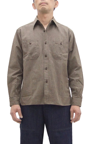 Buzz Rickson Cotton Covert Work Shirt - Men's Casual Vintage-Style Long Sleeve Button Up Shirt BR26082 138 Heathered-Brown