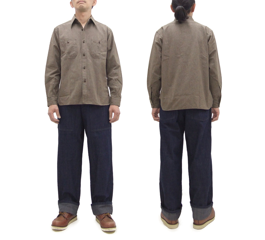 Buzz Rickson Cotton Covert Work Shirt - Men's Casual Vintage-Style Long Sleeve Button Up Shirt BR26082 138 Heathered-Brown