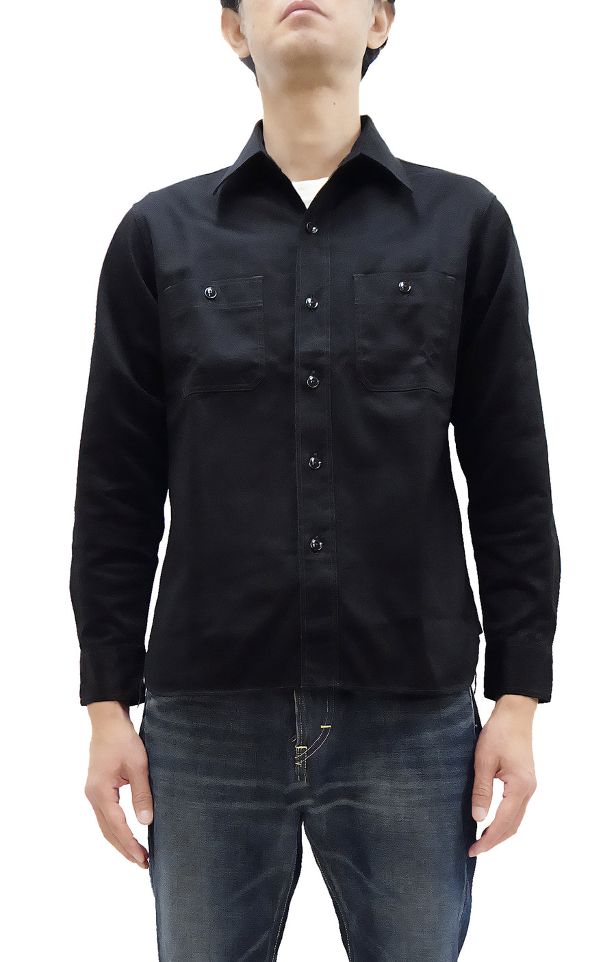 Buzz Rickson Herringbone Shirt Men's Casual Long Sleeve Plain HBT Button Up Work Shirt BR29390 119 Black