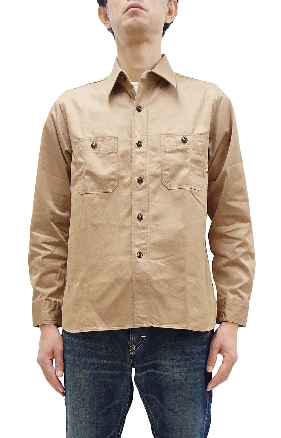 Buzz Rickson Herringbone Shirt Men's Casual Long Sleeve Plain HBT Button Up Work Shirt BR29390 133 Beige