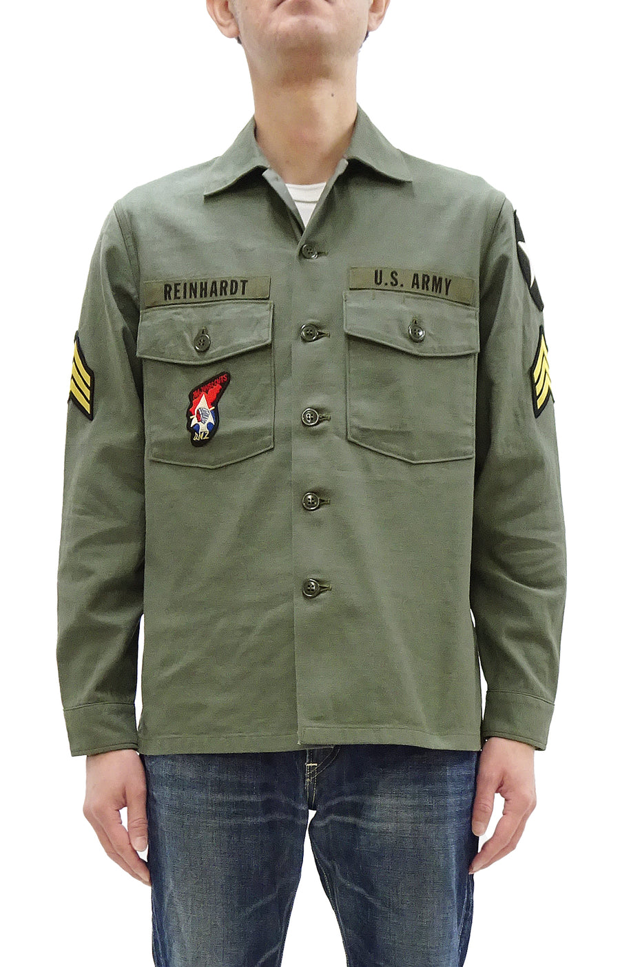 Buzz Rickson Men's U.S. Army OG-107 Utility Shirt with Patches (Relaxed Fit) - John Lennon Model Reproduction - Made in Japan (BR29586 Olive)