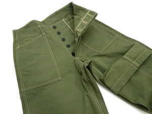 Buzz Rickson Herringbone Pants Men's Baggy Straight, Button Fly, Olive - U.S. Marine Corps M-1941 Utility Trousers Repro