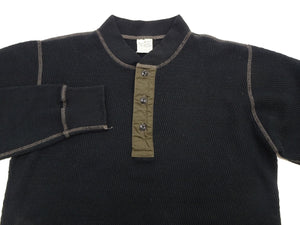 Buzz Rickson's Men's Vintage-Inspired Long-Sleeve Thermal Henley T-Shirt, 100% Cotton Waffle Knit, Three-Button Placket, Four-Needle Flatseams, Made in Japan (BR68130 119 Black)