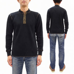 Buzz Rickson's Men's Vintage-Inspired Long-Sleeve Thermal Henley T-Shirt, 100% Cotton Waffle Knit, Three-Button Placket, Four-Needle Flatseams, Made in Japan (BR68130 119 Black)