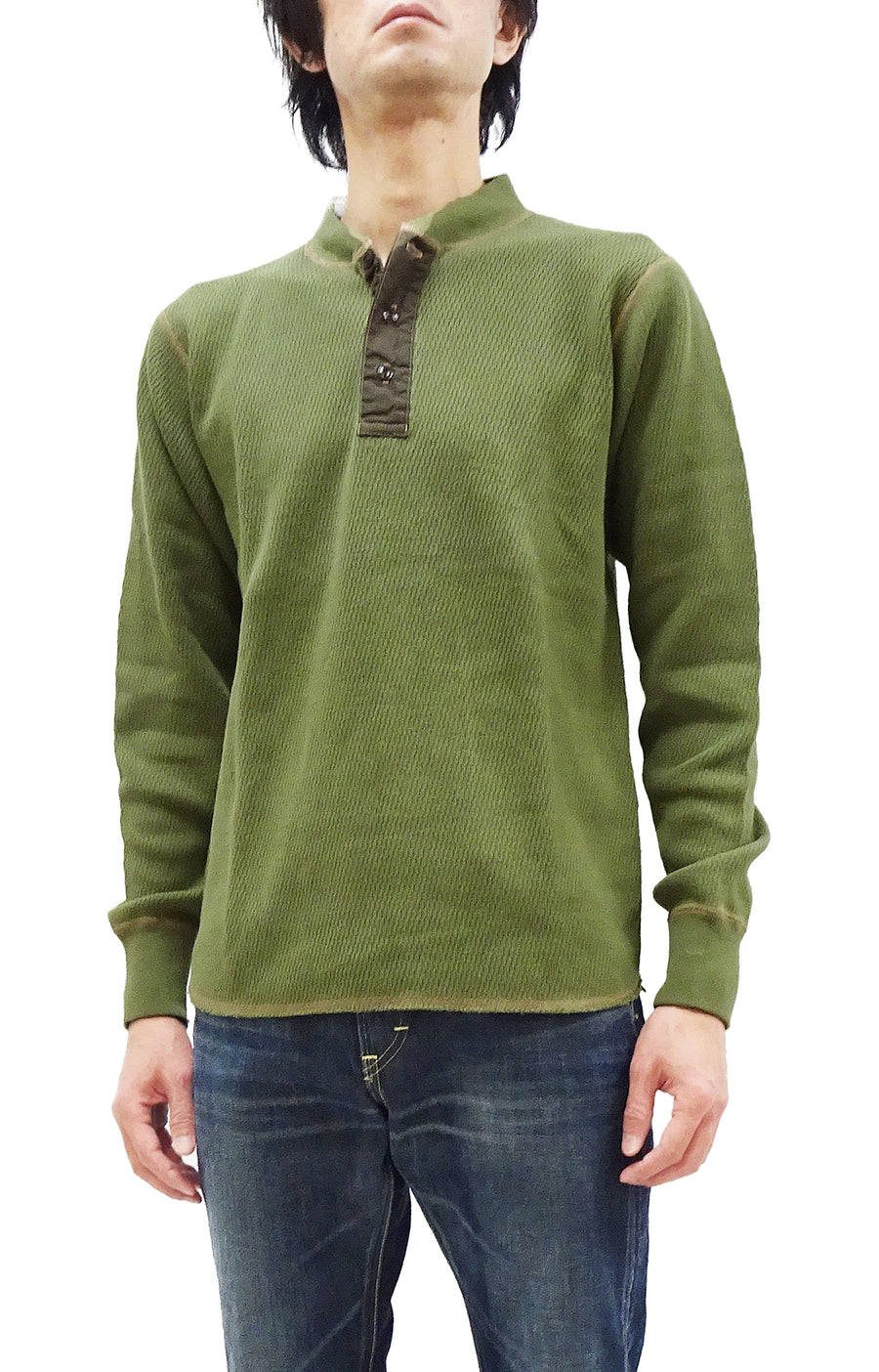Army Green Waffle Henley Shirt for Men