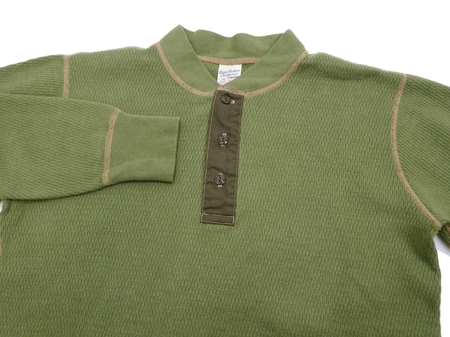 Buzz Rickson Waffle-Knit Thermal Henley T-Shirt Men's Long Sleeve Plain 3-Button Placket Heavyweight Thermal Tee BR68130 149 Olive