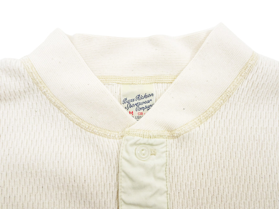 Buzz Rickson Waffle-Knit Thermal Henley T-Shirt Men's Long Sleeve Plain 3-Button Placket Heavyweight Thermal Tee BR68130 109 Natural