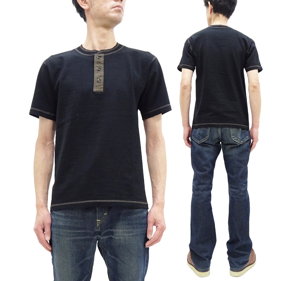 Buzz Rickson Henley T-Shirt Men's Short Sleeve Plain Loopwheeled Slub Yarn Tee BR79192 119 Black