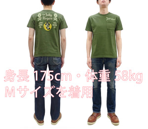 Buzz Rickson Men's Short Sleeve Loopwheeled Graphic Pocket T-Shirt - Jolly Rogers Military-Inspired Print - Made in USA (BR79711 149 Olive)