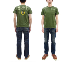Buzz Rickson Men's Short Sleeve Loopwheeled Graphic Pocket T-Shirt - Jolly Rogers Military-Inspired Print - Made in USA (BR79711 149 Olive)