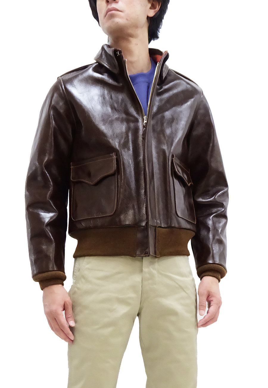 Buzz Rickson Jacket Men's A-2 Flight Jacket Plain A2 Aniline Leather Bomber Jacket BR80593 Seal Brown