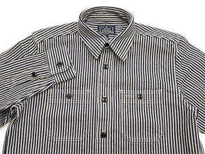 Studio D'artisan Men's Vintage-Inspired 14 oz. Heavyweight Hickory Stripe Long-Sleeve Work Shirt, 100% Cotton, One-Wash, Made in Japan (SDA D5335H, Navy and Off-White)