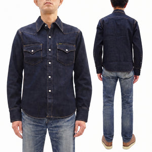 Studio D'artisan Men's Vintage-Inspired Heavyweight 14 oz. Denim Western Long-Sleeve Shirt, 100% Cotton, White Pearl Snaps, One-Wash, Made in Japan (SDA D5571, Dark Indigo)