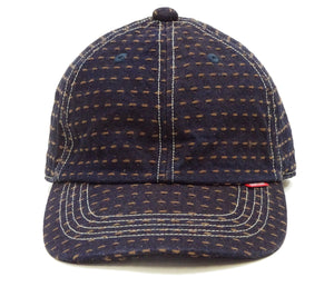 Studio D'Artisan Men's Indigo Denim Baseball Cap with Persimmon-Dyed Sashiko Stitching, Non-Mesh, Pre-Curved Visor, Adjustable Strapback - Made in Japan (SDA D7578)