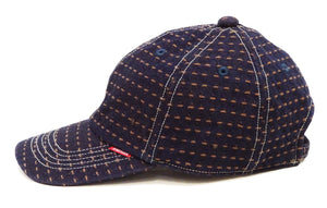 Studio D'Artisan Men's Indigo Denim Baseball Cap with Persimmon-Dyed Sashiko Stitching, Non-Mesh, Pre-Curved Visor, Adjustable Strapback - Made in Japan (SDA D7578)