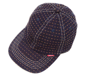 Studio D'Artisan Men's Indigo Denim Baseball Cap with Persimmon-Dyed Sashiko Stitching, Non-Mesh, Pre-Curved Visor, Adjustable Strapback - Made in Japan (SDA D7578)
