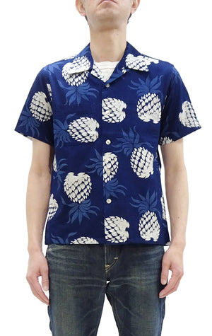 Duke Kahanamoku Cotton Hawaiian Shirt Men's 1950s Duke's Pineapple Print Reproduction Short-Sleeve Indigo Aloha Shirt DK39045 128 Navy-Blue